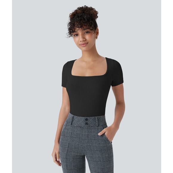 Halara Ribbed Knit Square Neck Skinny Work Bodysuit Thong Casual Black L - Picture 5 of 5